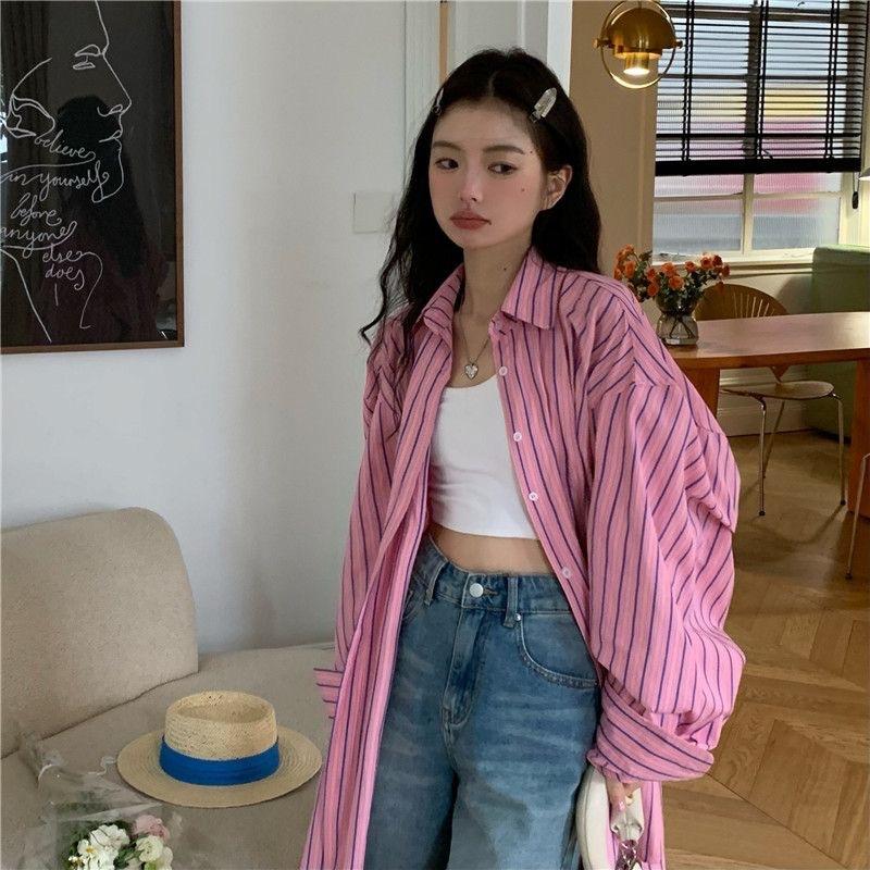 Pink Color-block Striped Shirt for Women, Spring/summer New Mid-length Loose Sun-protection Cardigan, Versatile Shirt, Casual Top