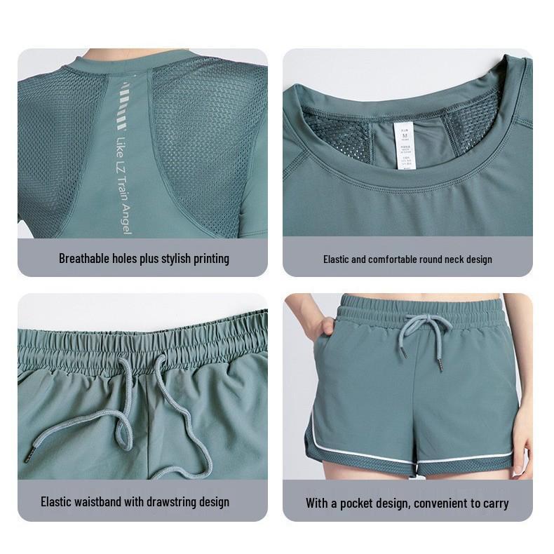 Women's Summer Yoga Outfit: Quick-Drying Short-Sleeve Top, Stretchy Mesh, Fashionable and Lightweight Fitness Wear for Morning Runs.