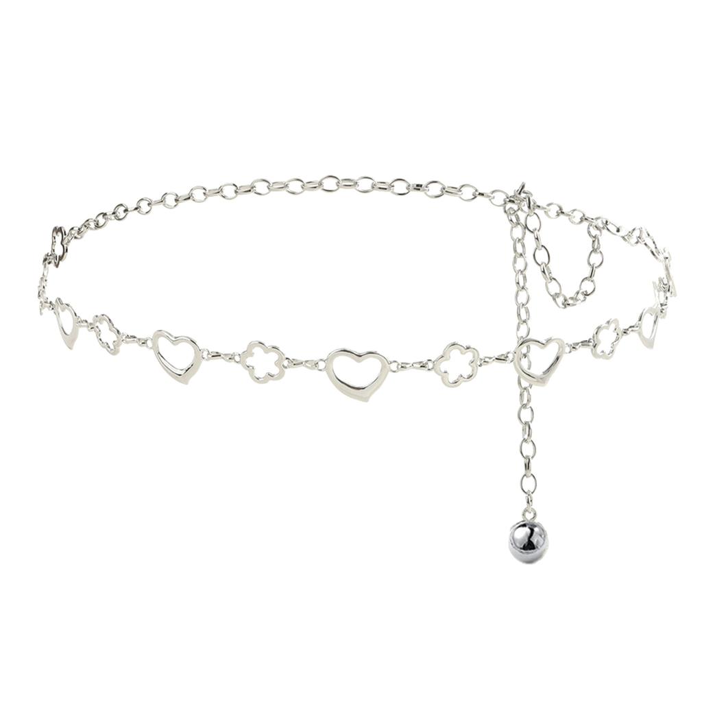 Women Metal Waist Chain, Heart & Flower Hollow Chain Belt, Adjustable Alloy Waistband with Ball Pendant for Dress Jeans