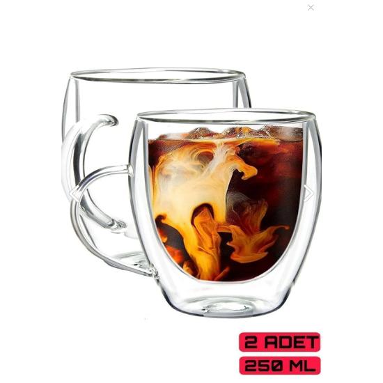 

2 Adet Çift Cidarlı Kulplu Cam Çay Kahve Süt Kupa Borosilikat Bardak