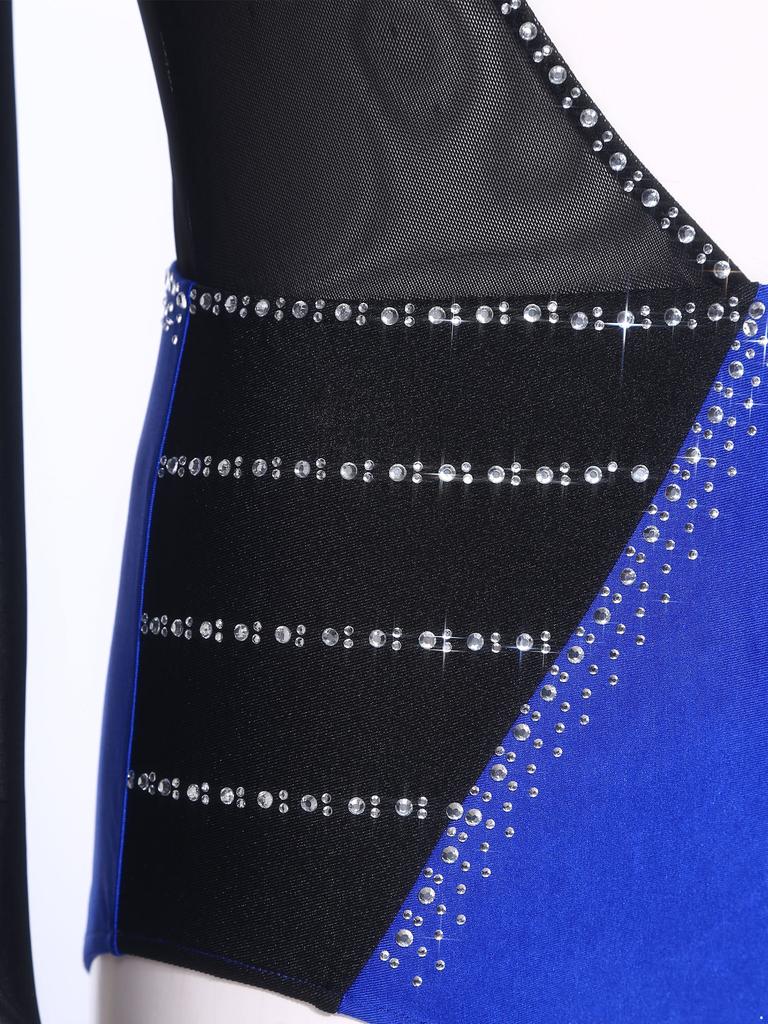 S-XXL Womens Gymnastics Leotard Bodysuit Rhinestone Color Blocking Asymmetrical Hollow Out Jumpsuit Figure Skating Tango Dancewear