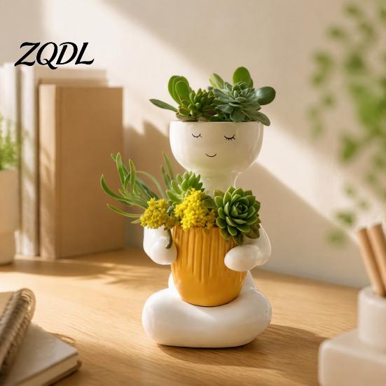Flowerpot for Small Plants Smiling Face Plant Pot, Double Planting Space Planter, Cute Resin Head Planter Sitting Figure Succulents, Home Office