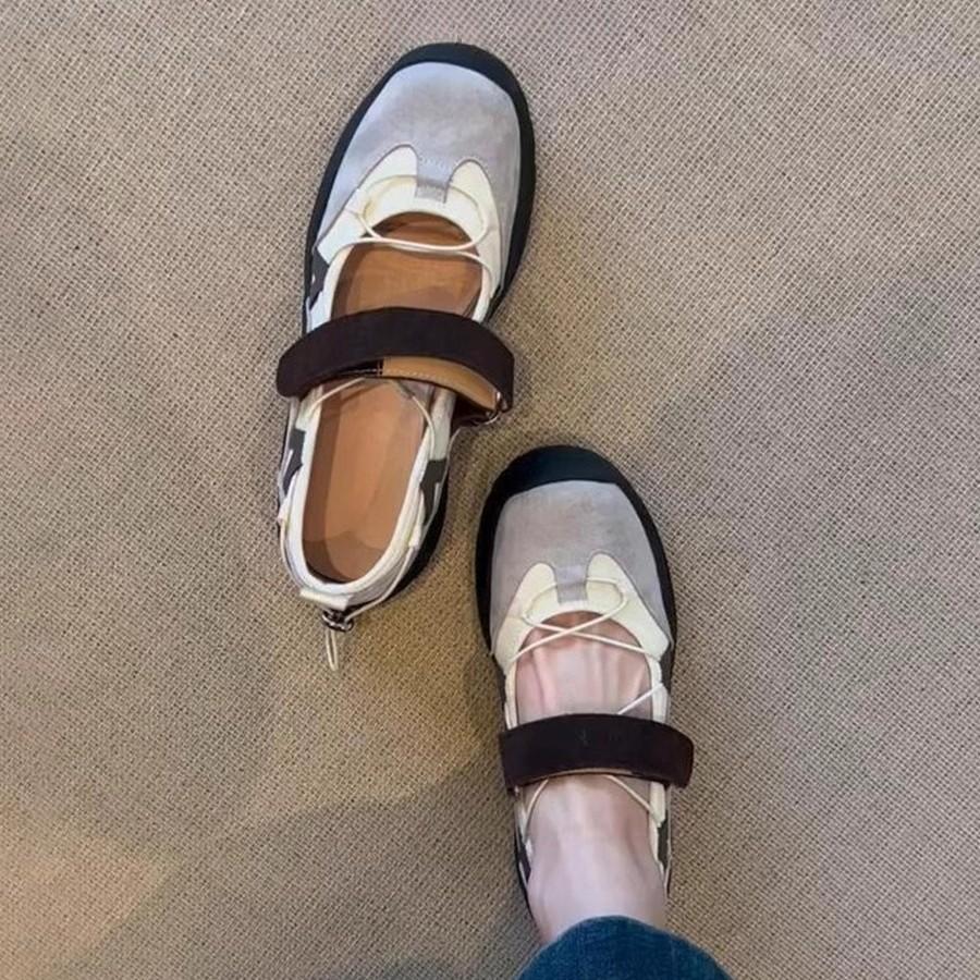 Ballet style color matching sports sole Velcro Mary Jane small leather shoes Maillard retro round head platform casual women's shoes