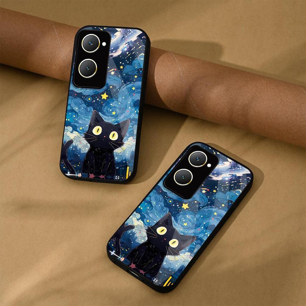 Case for Vivo Y28s 5G Y18 Y18s Y03 Y03t Anime Black Cat Starry Cloud Print Phone Cover Acrylic Hard Back Shell With Flexible TPU Edge