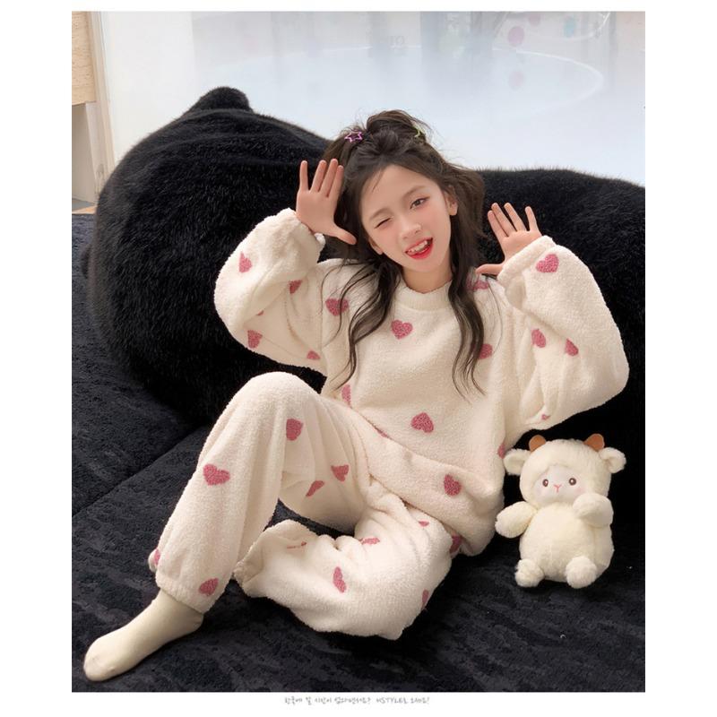 Girls Winter Coral Fleece Loungewear Set Big Kid Heart Pattern