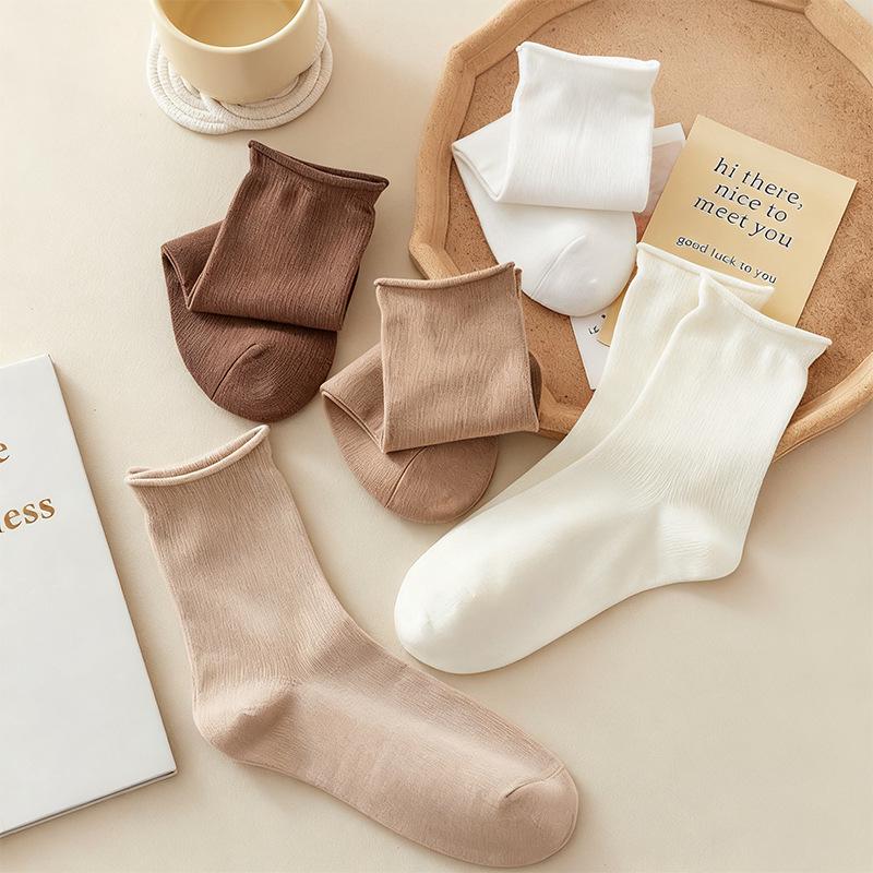 Women's Pure Cotton Mid-Calf Cuffed Socks - Loose-Mouth, Breathable, Soft, Versatile for Spring & Autumn