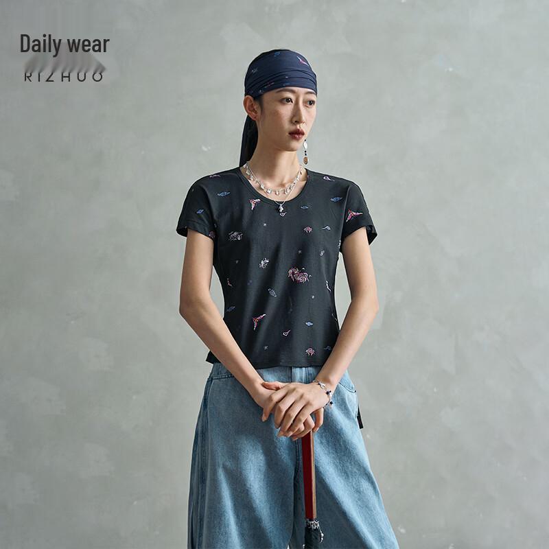Rizhuo Chivalrous Style Mesh Patchwork Short Sleeve T-Shirt M