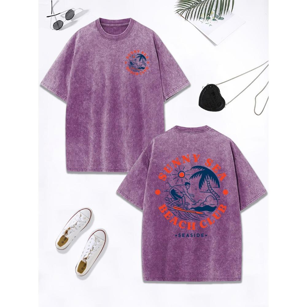 Sunny Sea Beach Club Surf Prints Washed T-Shirt Women Cotton Oversize T Shirt Comfortable O-Neck Distressed Tops Clothes