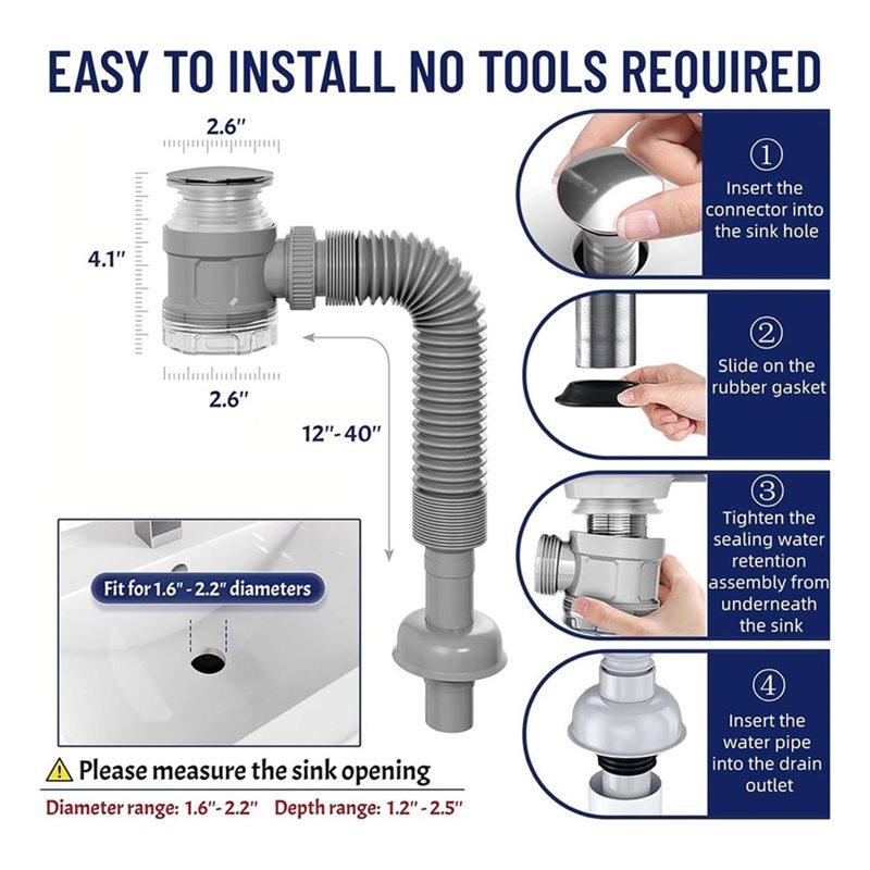 AT19-Flexible Expandable Pipe Drain Kit For Bathroom Sink:Odor-Free& Backflow Prevention, Space-Saving Design