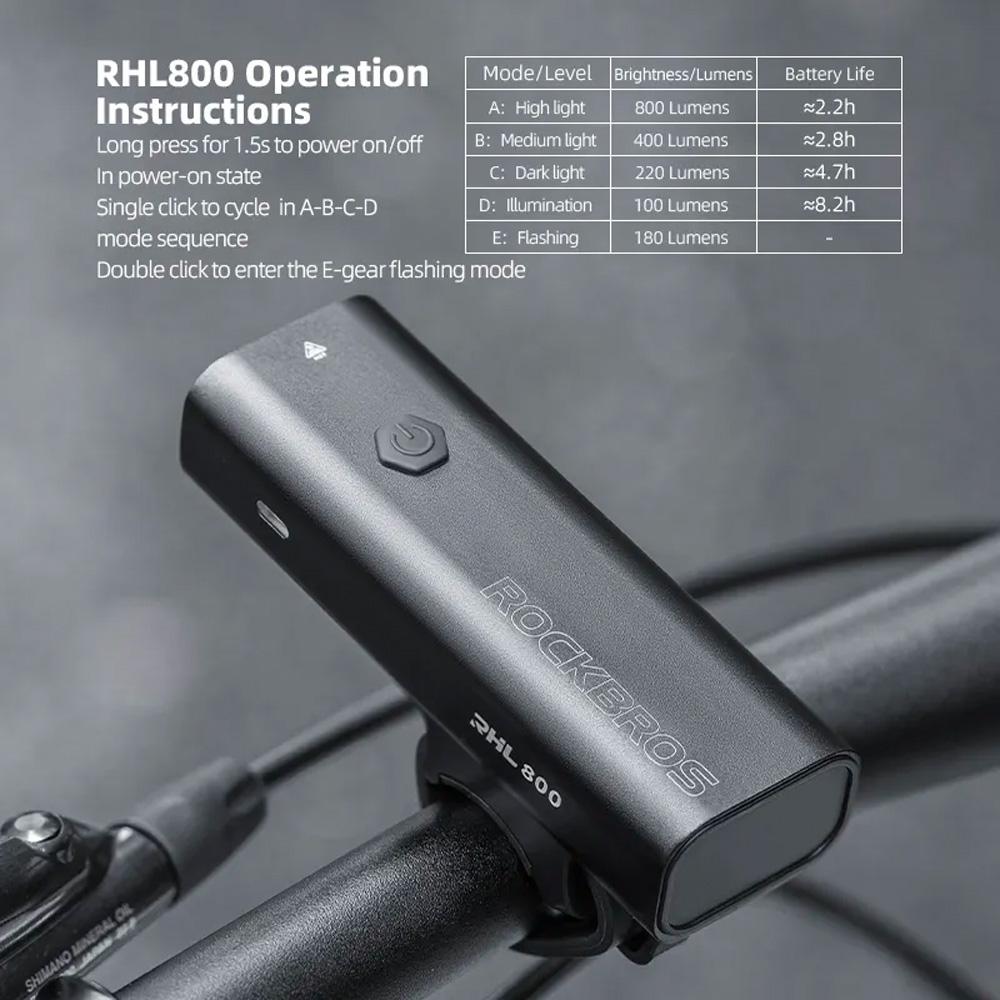Front bike light 800lm USBC cable 4 operating modes