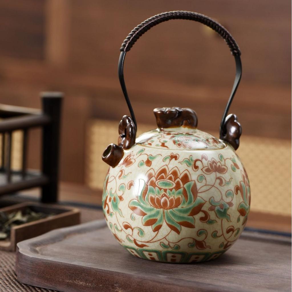 Ru Kiln Hydrangea Flower Beam Pot Teapot Tea Ware Household Ceramic Tea Set Tea Making Single Pot Open Film Can Raise Teapot
