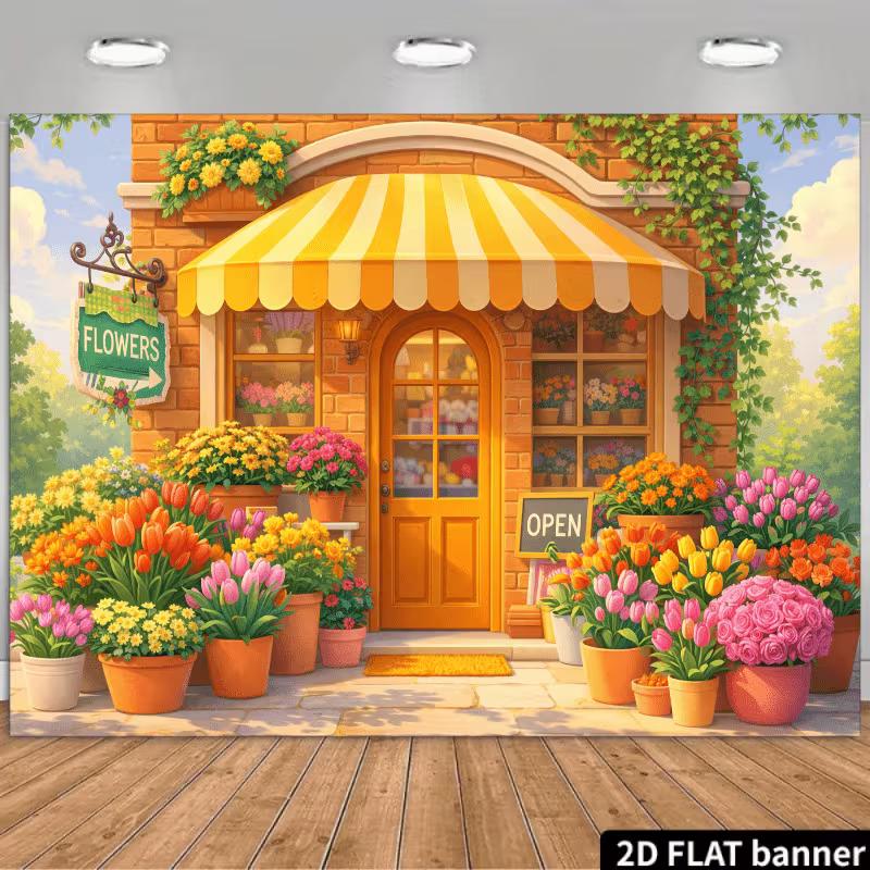2D Colorful Tulip & Rose Flower Shop Banner, Yellow Awning Florist Wall Hanging for Photo Booth