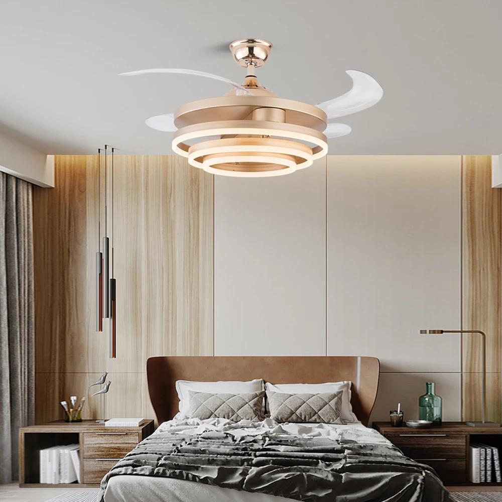 Modern Living Room Ceiling Fan with Lights Intelligent Ceiling Fan Retractable Blades LED Light Remote Dimming Home Decoration