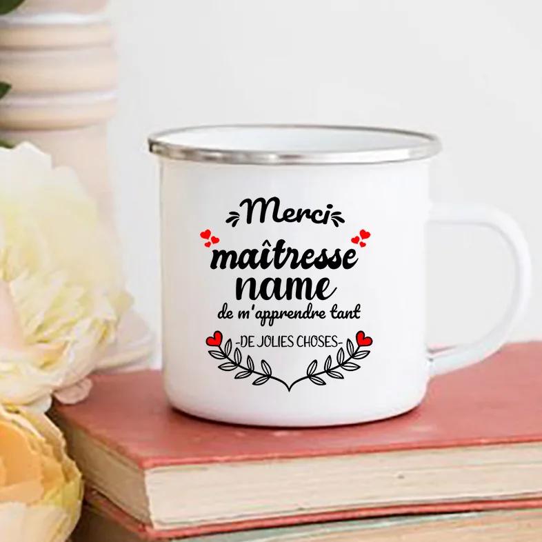 Personalised Custom Name Mug Merci Maitresse Coffee Cups Drinks Water Cup Enamel Mugs School Home Handle Drinkware Teacher Gifts