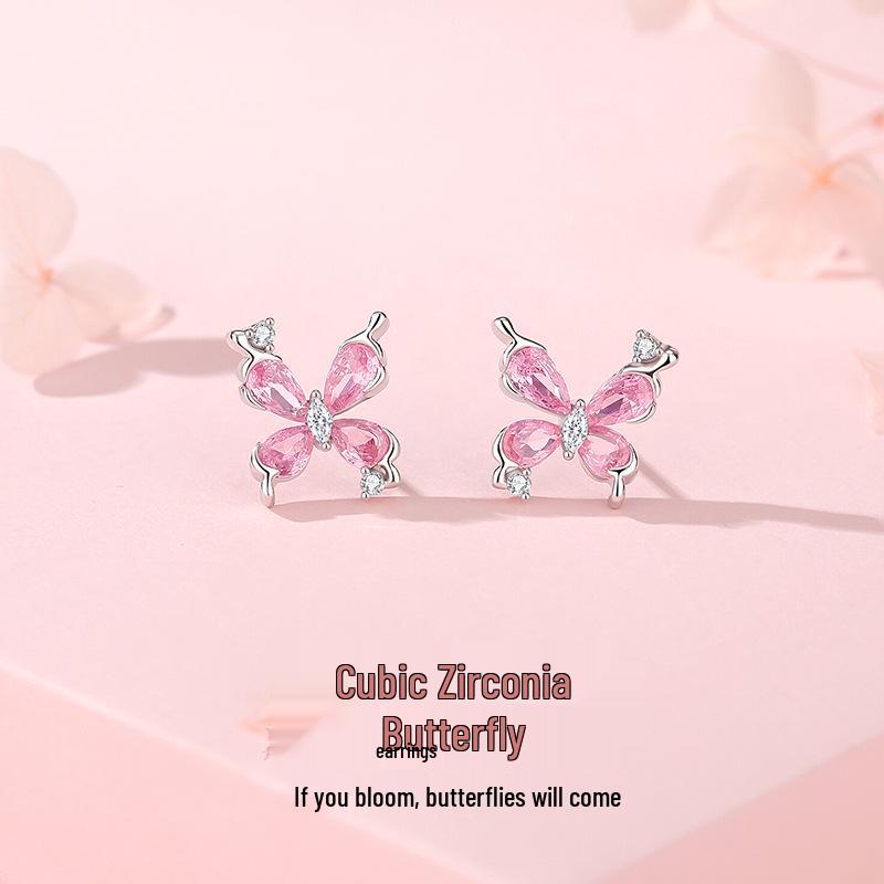 Tichia S925 Sterling Silver Butterfly Tassel Necklace with Pink Zircon for Women S925 Silver
