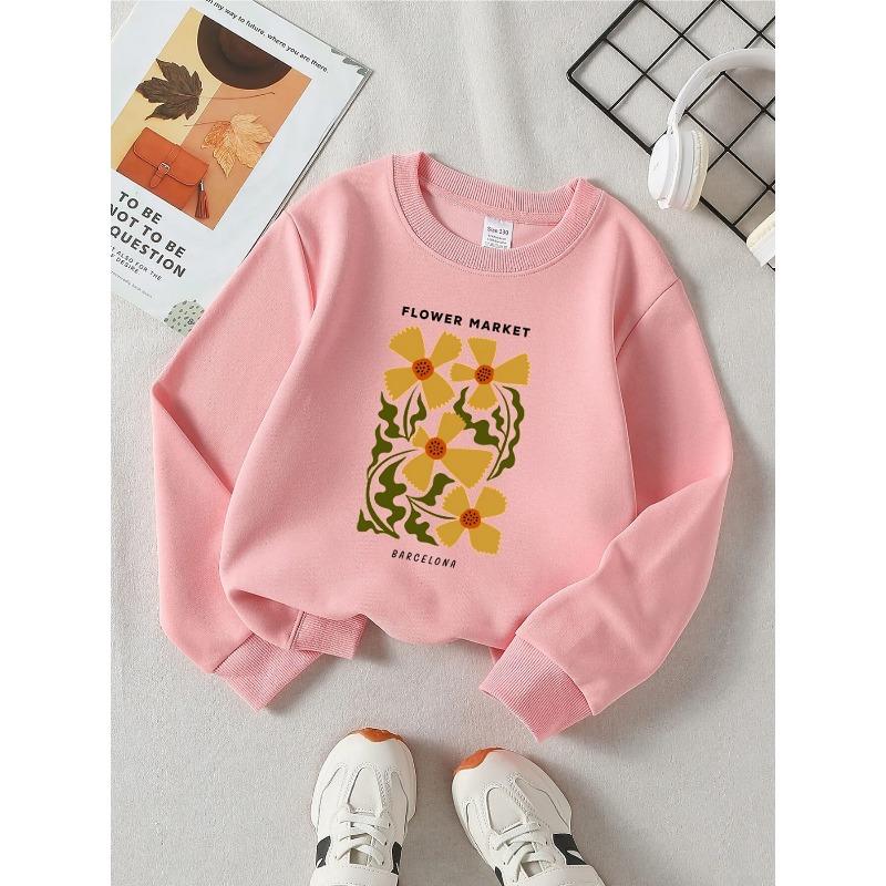 European Sizes Kids' Round-neck Hoodie - Flower Market Barcelona Pattern Print , Sportswear And Casual Wear, Soft And Comfortable