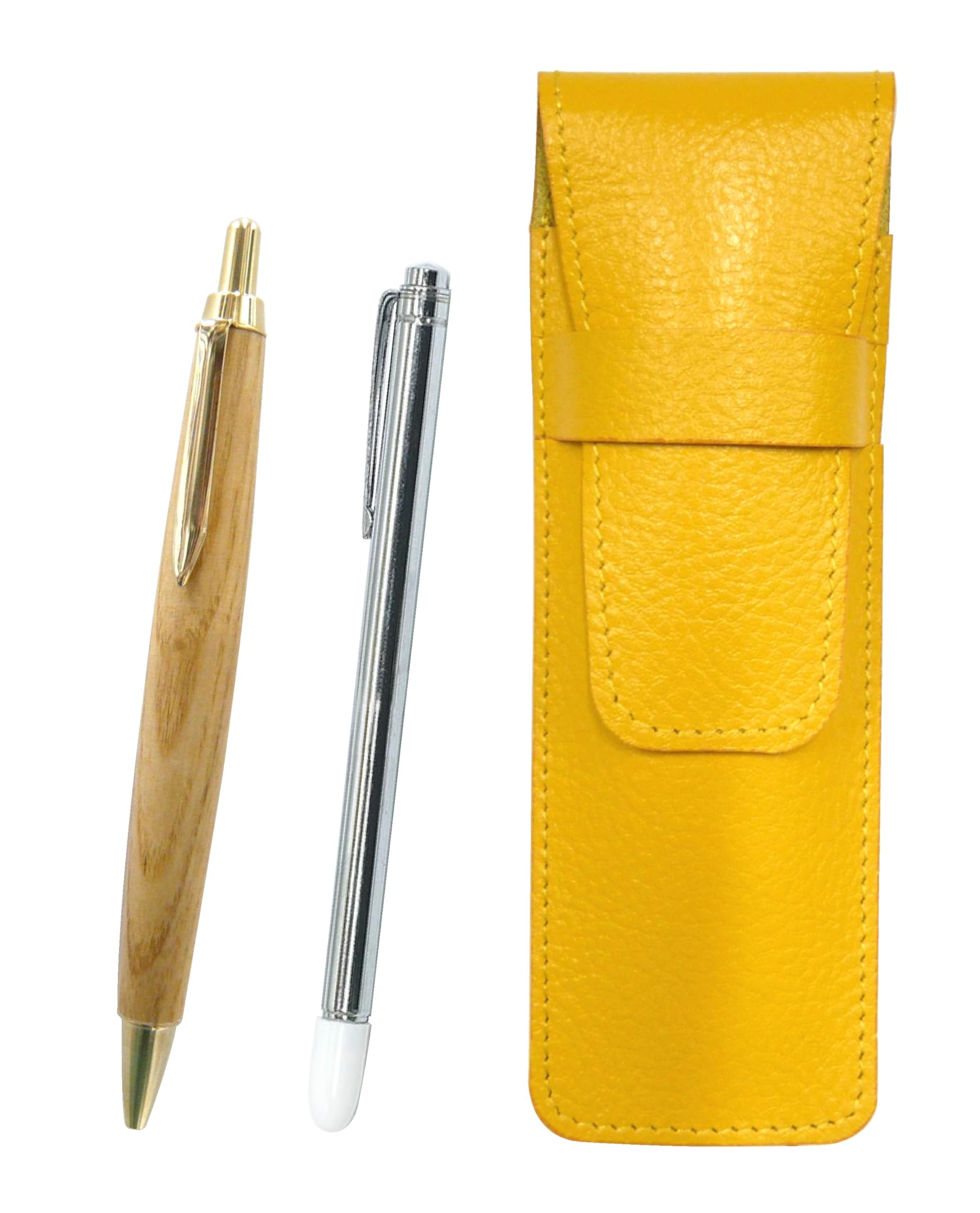 

Yellow grained leather pen case with metal pointer and retro maple wood ballpoint pen set (SASY-701S-HS47S)
