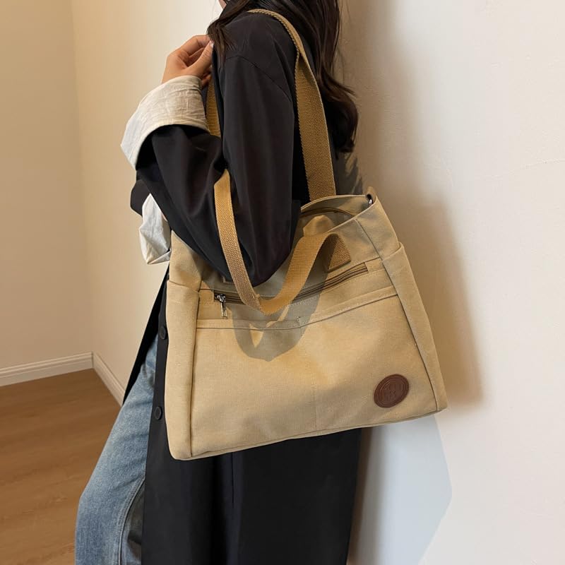 VFBNUINJKL Women's Canvas Tote Bag with Zipper, Multiple Pockets, Large Capacity, A4 Size, Lightweight, Perfect for Travel, Commuting, and School
