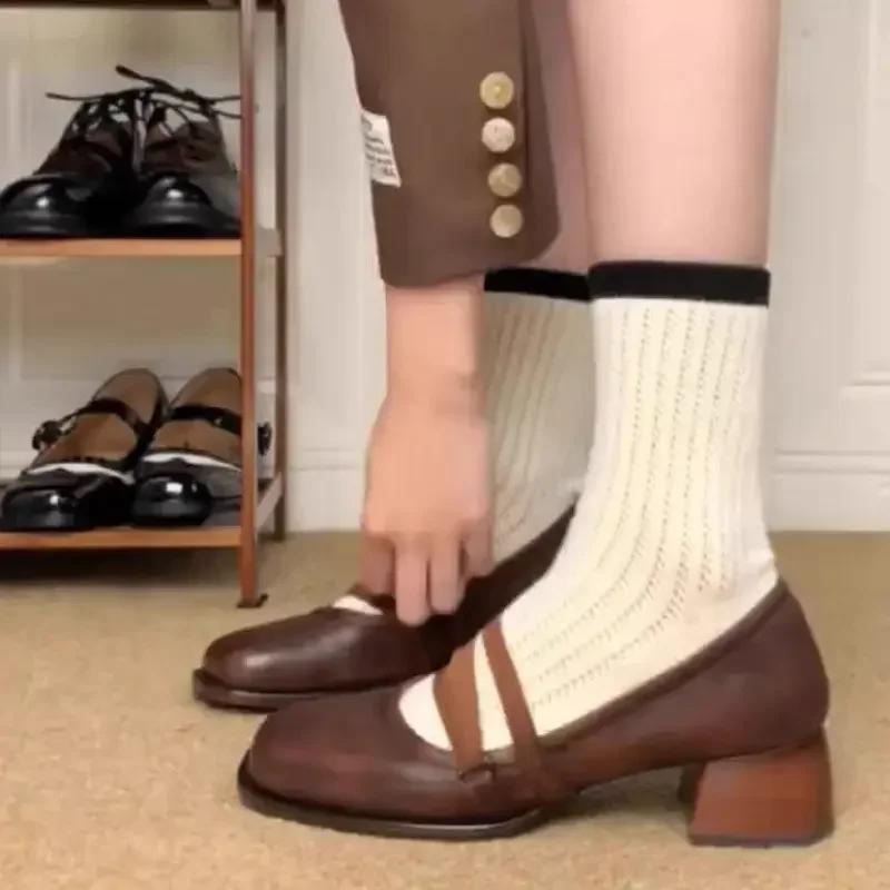 French Evening Style Loafers Versatile Women's Shoes Brown Thick Heel High Heel Shoes Small Leather Summer Season