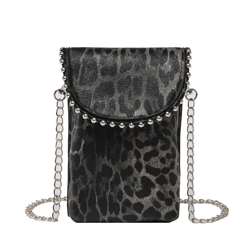 2025 Spring and Summer New Texture Leopard Print Rivet Shoulder Messenger Bag Chain Flip Small Square Bag Women's Fashion Bag Factory