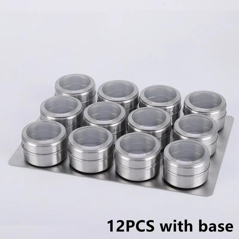 Magnetic Spice Tins Stainless Steel BBQ Spice Container Storage Box with Transparent Lid Kitchen Seasonings Herbs Spices Jars