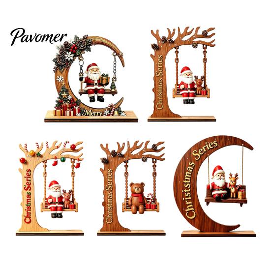 Unique Wood Craft Gift Wooden Swing Ornament with Santa Claus/Bear for Christmas, Tabletop Natural Grain Ornaments Claus Figurine Home Living