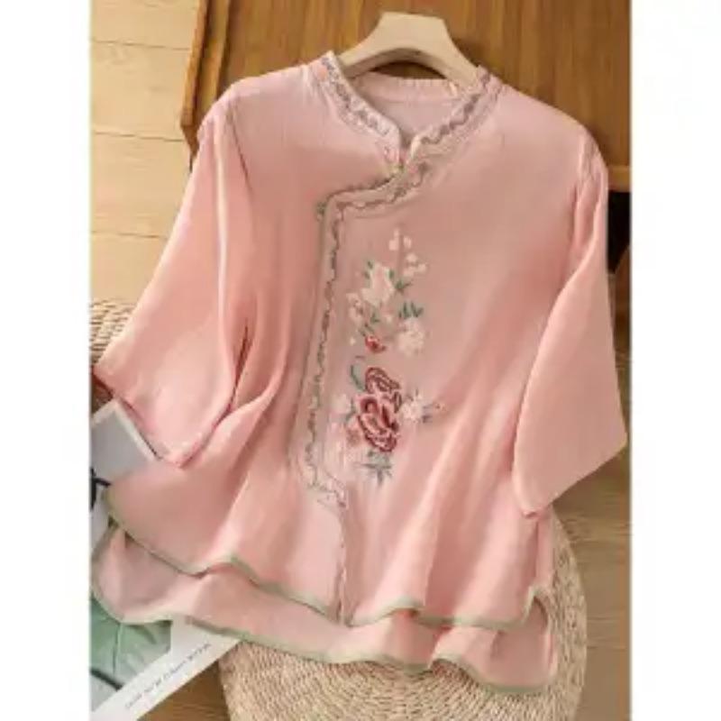 

Women s Beige Cheongsam Style Blouse Embroidery Detail Half-Sleeve Casual Top L рожевий