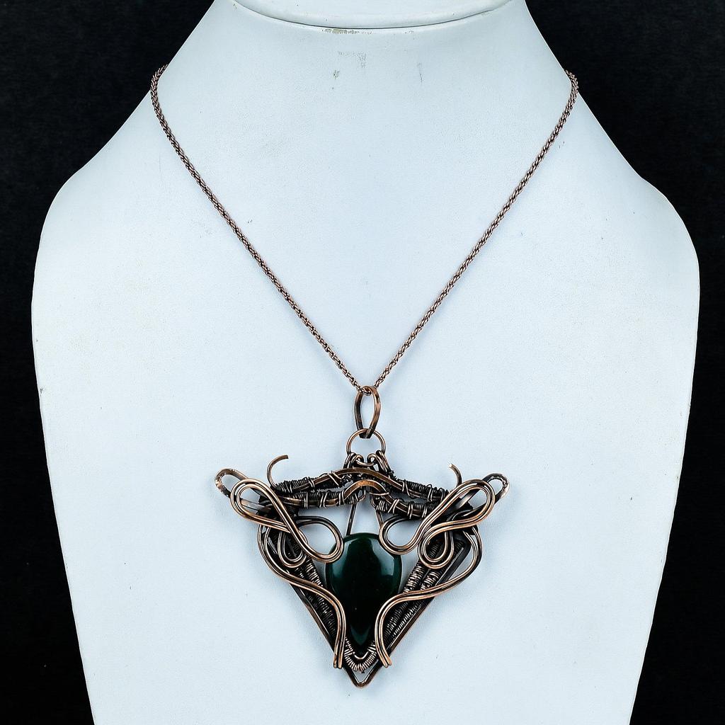 Green Zade & Moonstone Pendant, 999 Copper Wire Wrapped Gemstone Jewelry, Handmade Pendant, Gift For Love