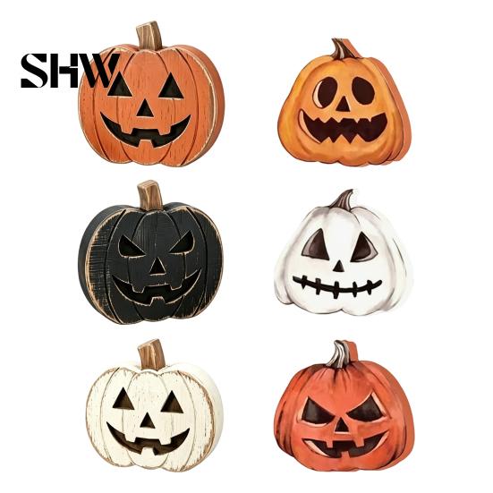Festive Seasonal Props 3Pcs Halloween Pumpkin Tabletop Decor, Rustic Face Wooden Block Handmade Art Ornaments, Farmhouse Desktop Craft for Home Party
