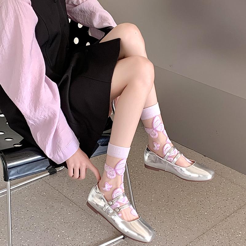 

Женские летние носки с кристаллами, сетчатые носки до середины икры с цветочным принтом, прозрачные хлопковые дышащие носки с бабочками