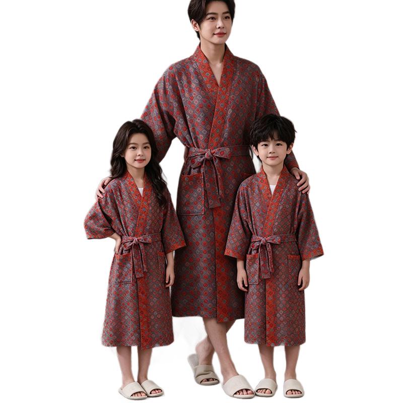 Children's Pure Cotton Double-Layer Gauze Jacquard Kimono Pajamas with Long Sleeves