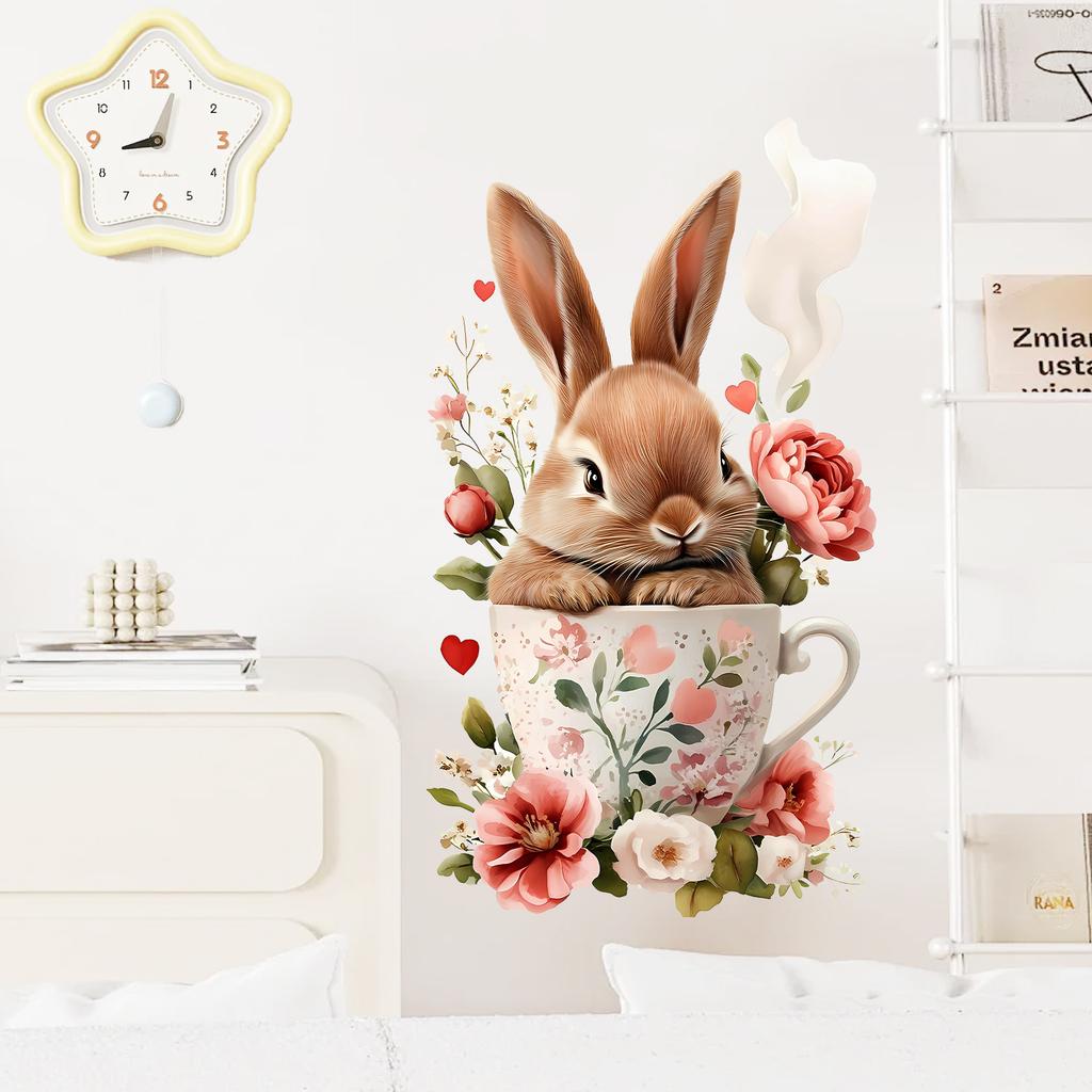 Ostern Blumenschale und Hase Wandaufkleber Selbstklebend Abnehmbar für Kinderzimmer Wohnzimmer Hintergrund Hausdekoration