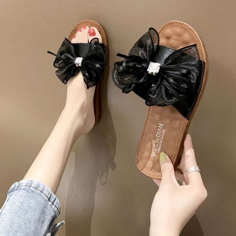 

2025 new Korean version of versatile soft-soled slippers women s summer bow flat-bottomed fashion pregnant women wear cool slippers 36