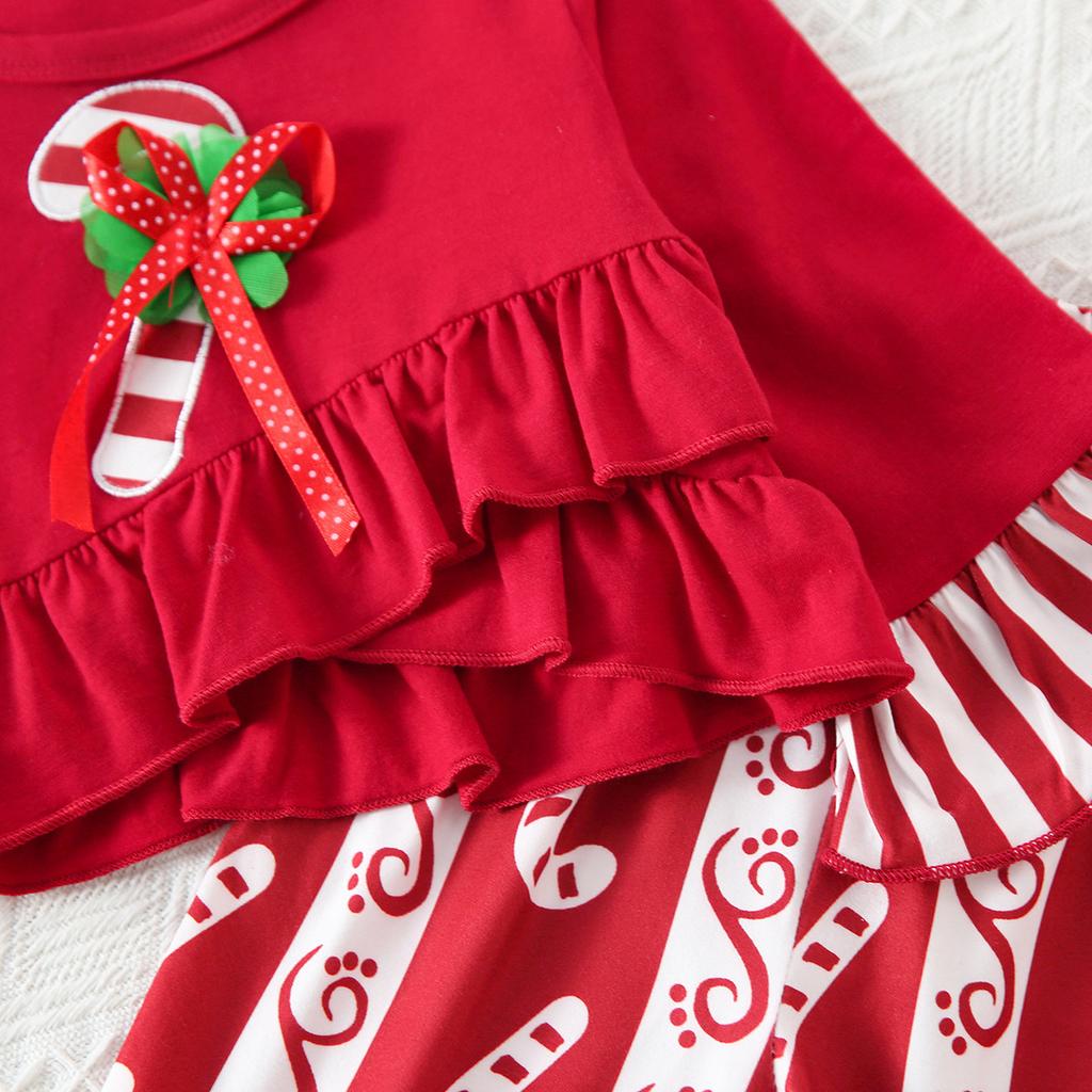 Christmas Kids Girls 2 Piece Outfit Spring Autumn Ruffle Flared Pants Fashion Set Striped Polka Dot For Baby Girl Holiday Valentine's Performance