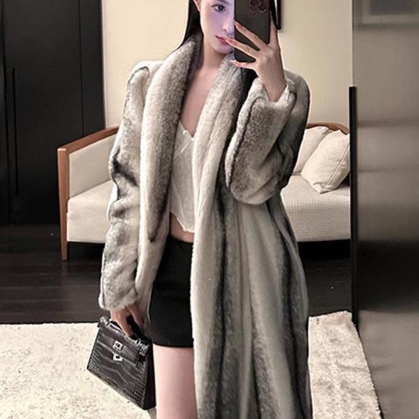 Women's Slimming Long Mink Fur Coat - Whole Velvet Warm Cross Mink