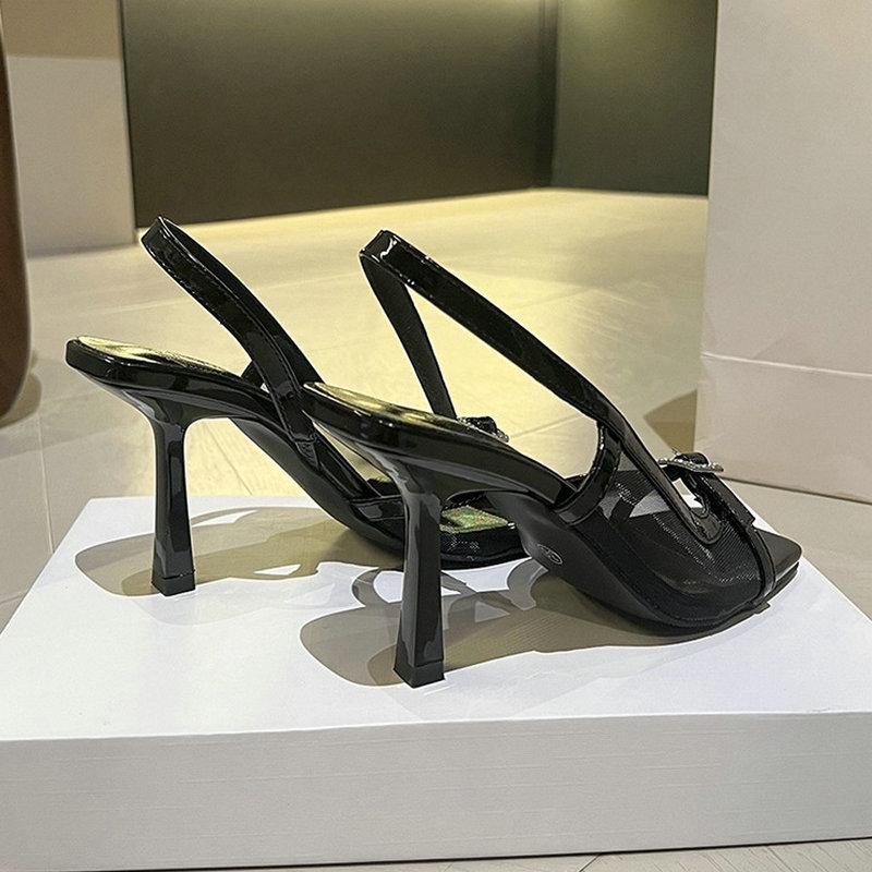 Fashion 2025 Summer New Retro Square Toe Square Buckle Open-Toe Sandals For Women With A One-Strap French Kitten High Heels