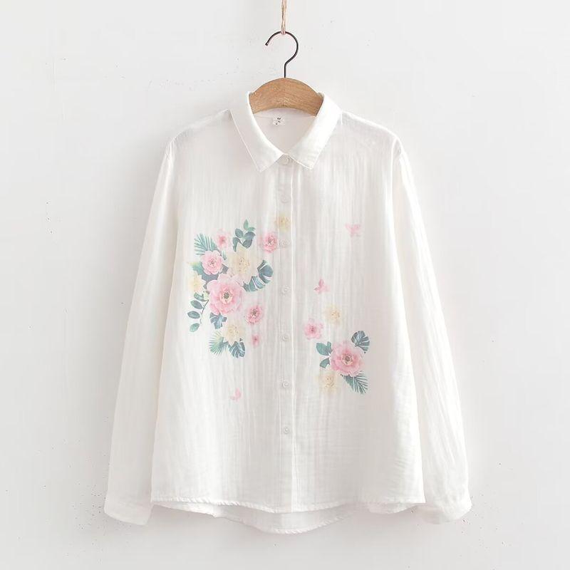 Retro Artsy Ethnic Style Embroider Flower Pure Cotton Shirt 2024 Spring New Arrival Loose All-Matching Top Women