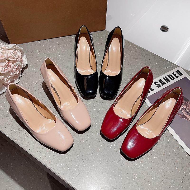 Square Head Thick Heel Women's Single Shoes Spring New Fashion Casual One-pedal Small Leather Shoes Nude Light Mouth High Heels