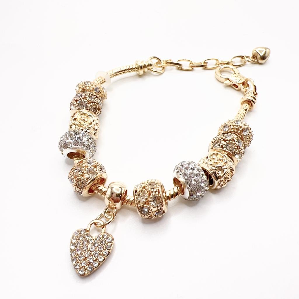 High Quality Gold Plated Crystal Rhinestone Lotus Flower Charm Bracelet Large Hole Beads Pink Flower Pendant Adjustable DIY