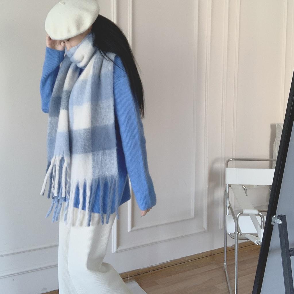 Herbst Winter Damen Verdickter Übergroßer Blauer Karoschal mit Fransen Fleece-ähnlicher Kaschmir Warmer Nackenwärmer Studenten Großer Schal