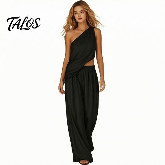 Talos Baumwoll-Leinen 2-teilige Sets für Damen, Ein-Schulter-Ärmelloses Oberteil mit Weitbeiniger Hose Passendes Set, Sommerurlaub Lounge Outfits
