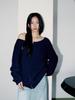 OAFISH Off Shoulder Knit Zip-Up, Navy