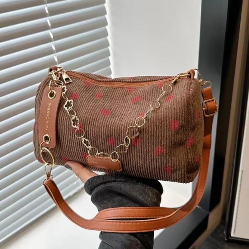 Kleine Unterarmtasche für Damen aus Cord, Handtasche mit süßem Erdbeer-Print, kleine Tragetasche, Halbmond-Design, Geldbörse aus Öko-Stoff, Mini-Umhängetasche
