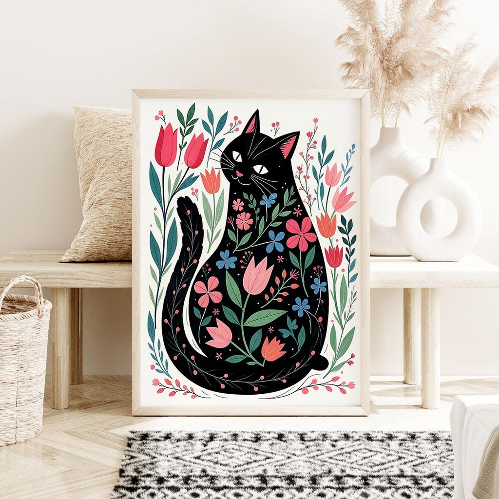 Poszter illusztráció macska virágokban