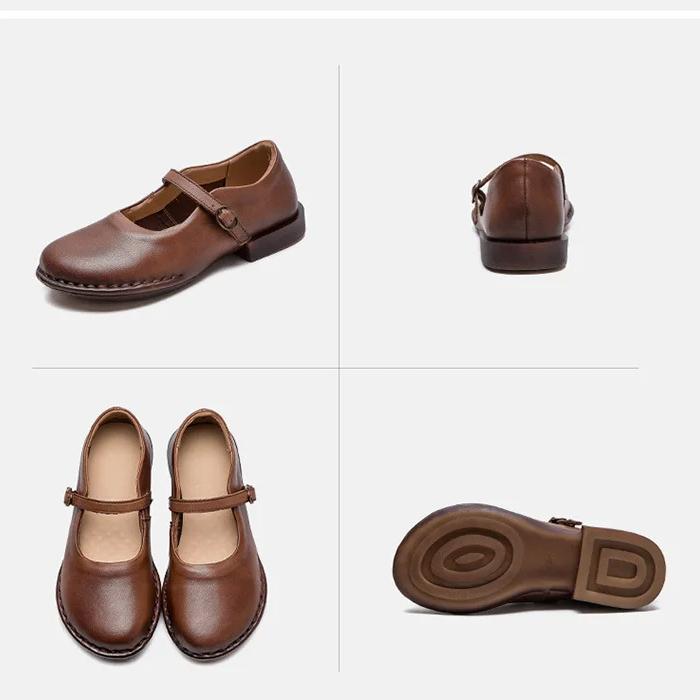 Johnature Genuine Leather Women's Shoes Belt Buckle Simple Solid Color Versatile Round Toe Low Heel Pumps