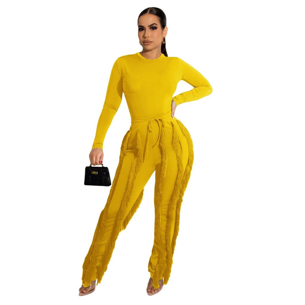 European and American Women's Tassel Lace Jumpsuit Set - Solid Color Sportswear, Autumn/Winter