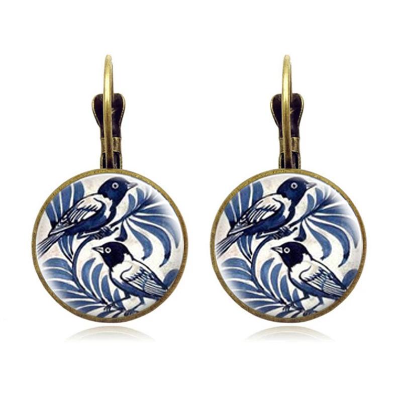 Orecchini Vintage con Uccello Gazza Blu Orecchini Rotondi Retro in Bronzo Antico con Cupola di Vetro per Donna