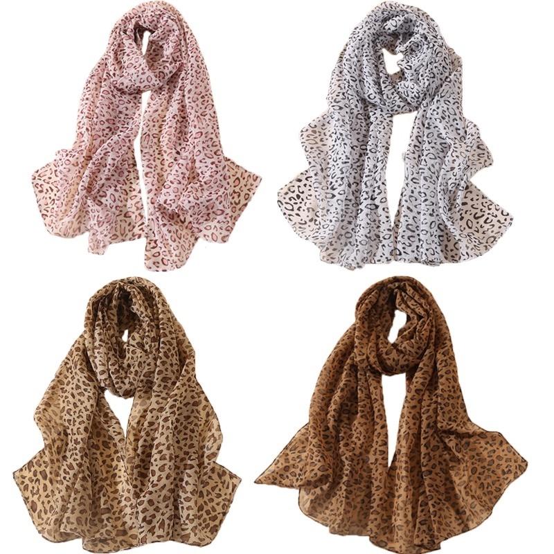 150*50cm Spring New Leopard Print Scarf Women Long Shawl Light Soft Georgette Chiffon Hijab Classic Leopard Print Beach Towel