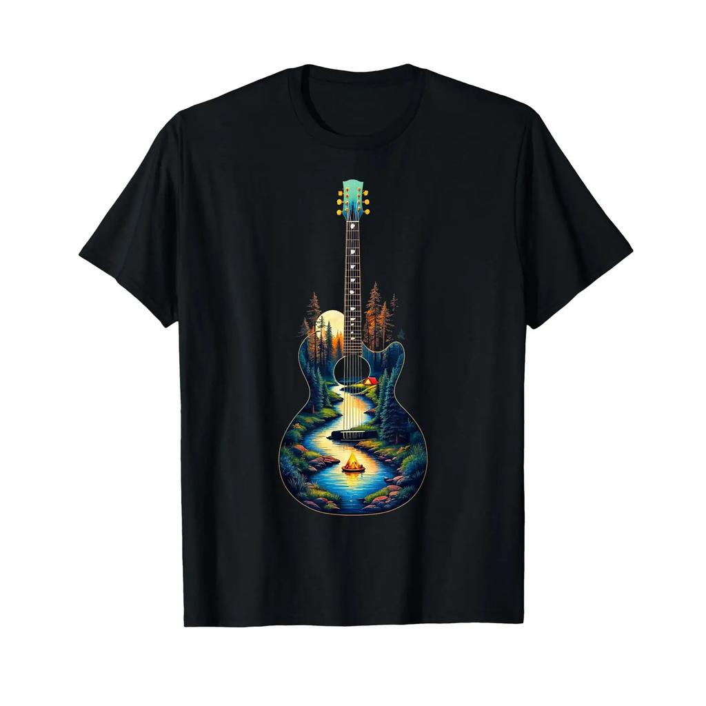 Guitar Lake Reflections Forest Pine Tree Moon Camp Guitarist T Shirt Vintage Washed Unisex Grap