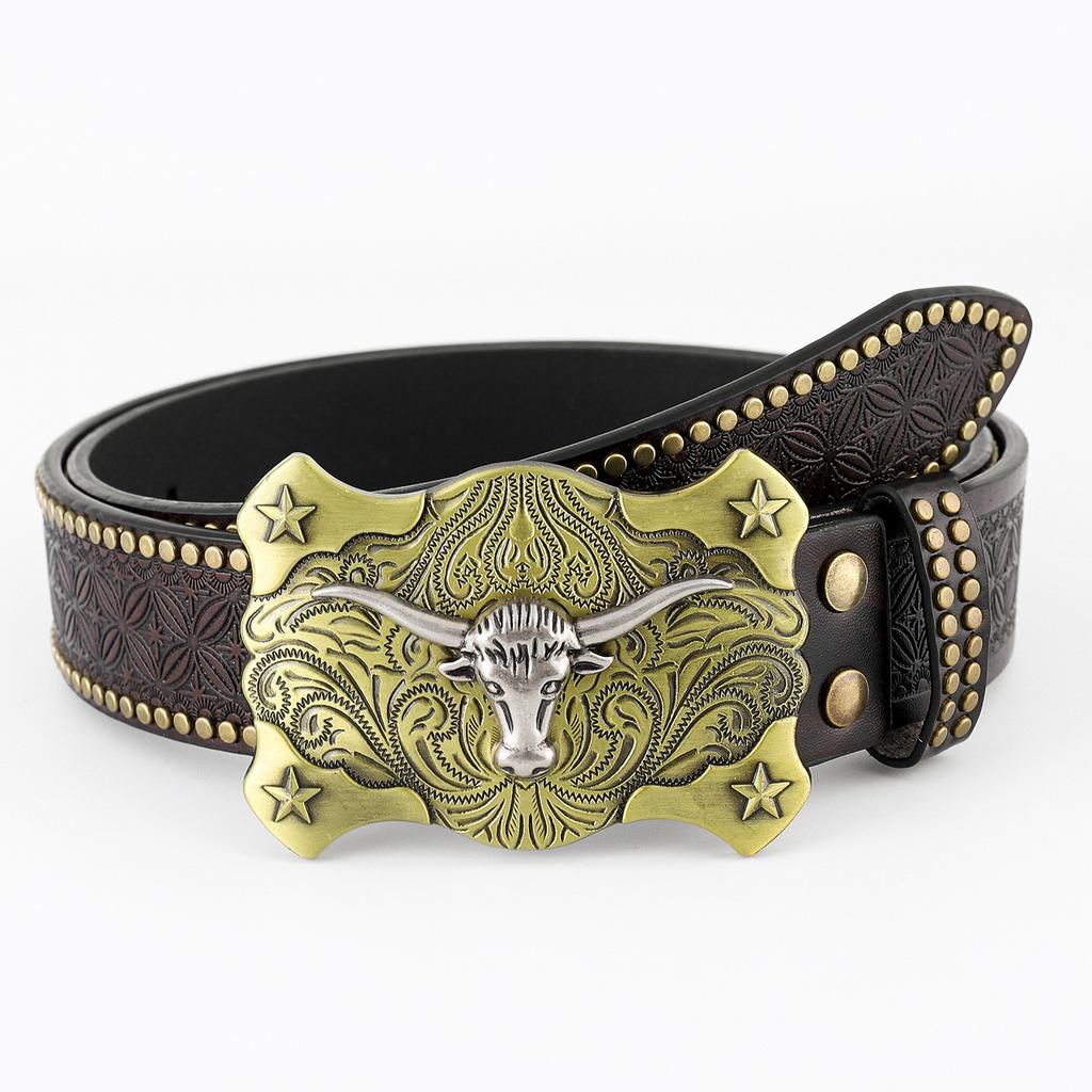 Western Denim Belt Bull Head Big Board Mouth Vintage Retro Men'S Punk Embossed Leather Waist